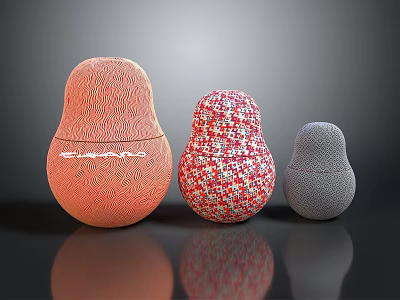 Decorative Matryoshka Style Objects With Orange Wavy Red White Speckled And Gray Dotted Textures 3d model