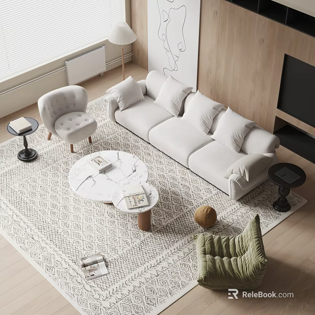 Modern White Sofa Coffee Table Set With Marble Top And Area Rug 3d model