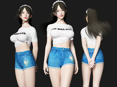 Women In NO BRA CLUB Printed White T-Shirt And Decorative Denim Shorts With Long Hair 3d model