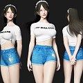 Women In NO BRA CLUB Printed White T-Shirt And Decorative Denim Shorts With Long Hair