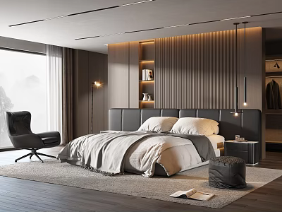 Modern Bedroom Interior With Upholstered Headboard Wooden Panel Wall And Accent Chair 3d model