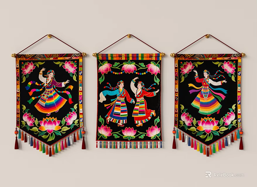 Three Decorative Wall Hangings With Dancing Figures Pink Flowers And Colorful Tassels 3d model 