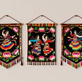 Three Decorative Wall Hangings With Dancing Figures Pink Flowers And Colorful Tassels