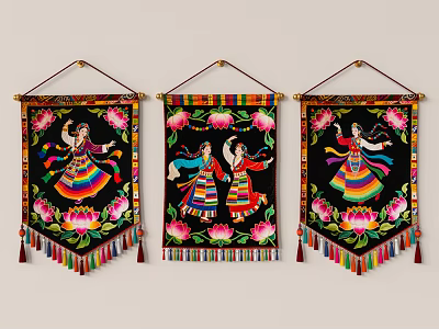 Three Decorative Wall Hangings With Dancing Figures Pink Flowers And Colorful Tassels 3d model
