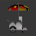 Food Cart With Red Yellow Umbrella Condiment Bottles And Hot Dog Sign