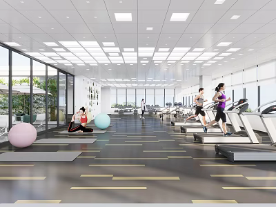 Spacious Fitness Gym With Large Windows Bright Lighting People Exercising On Treadmills And Exercise Balls 3d model