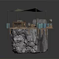 Modern Outdoor Rock Platform With Canvas Awning Metal Tank Wooden Barrels And Hanging Buckets