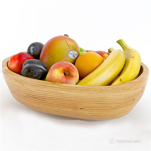 Fresh Assorted Fruits in Wooden Bowl Including Mango Banana Apple Orange and Plums 3d model 
