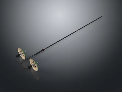 Long Metal Rod With Two Golden Discs On Dark Reflective Background 3d model