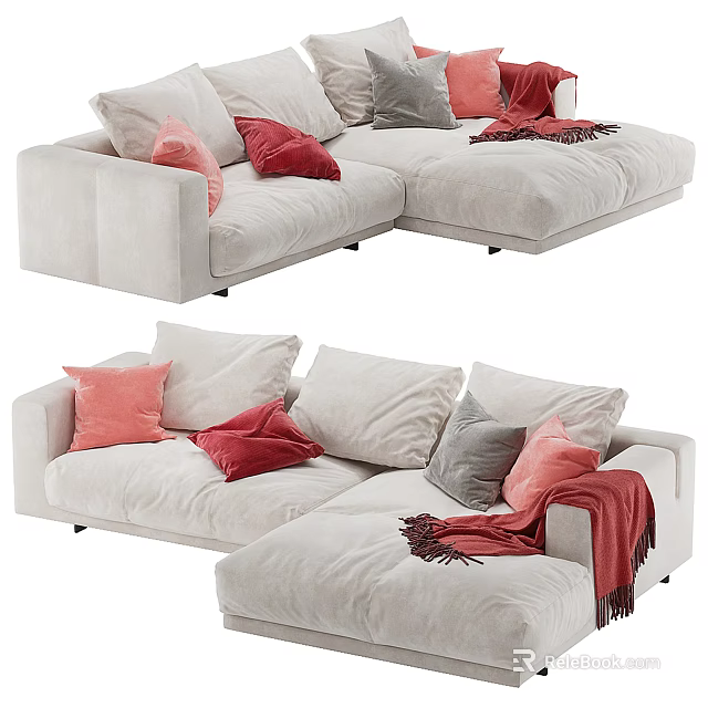 Light Beige Sectional Sofa Interior With Red Pink Gray Pillows And Red Throw Blanket 3d model