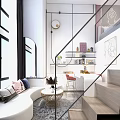 Modern Duplex Living Room Interior With Staircase And Upper Floor Decorative Artwork