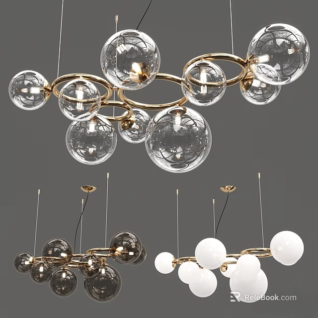 Elegant Modern Chandeliers With Transparent Glass Balls And Golden Metal Rings 3d model 
