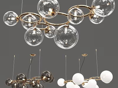 Elegant Modern Chandeliers With Transparent Glass Balls And Golden Metal Rings 3d model