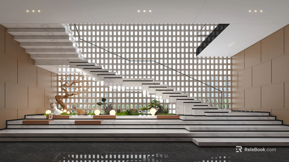 Modern Staircase Design With Glass Railing Lattice Wall Green Plants And Ambient Lighting 3d model 