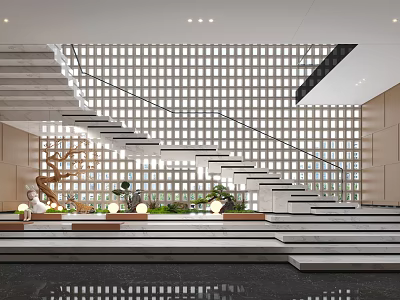 Modern Staircase Design With Glass Railing Lattice Wall Green Plants And Ambient Lighting 3d model