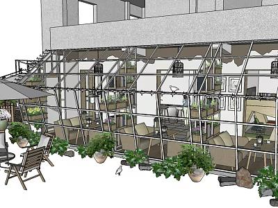 Elegant Restaurant With Glass Structure Outdoor Seating And Lush Green Plants 3d model