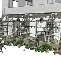 Elegant Restaurant With Glass Structure Outdoor Seating And Lush Green Plants