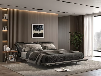 Modern Bed With Wooden Vertical Striped Headboard Wall Artwork Side Table Green Plant Window Rug 3d model
