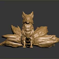 Golden Fox Game and Movie Character With Multiple Tails Metallic Shine Sitting Pose Dark Background