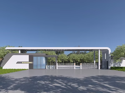 Modern Entrance Gate with White Frame Glass Doors Pillars and Green Trees Under Blue Sky 3d model