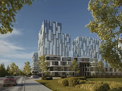Contemporary Office Building Exterior Featuring Glass Curtain Wall And Green Landscaping With Surrounding Trees 3d model