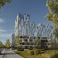 Contemporary Office Building Exterior Featuring Glass Curtain Wall And Green Landscaping With Surrounding Trees