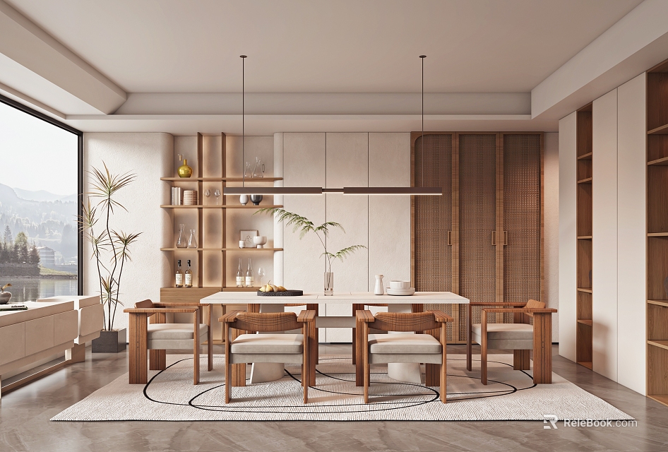 Modern Restaurant Interior With Wooden Dining Table Chairs Pendant Lights And Green Plants 3d model 