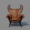 Brown Leather Single Chair With Curved Horn Shaped Arms And Black Tapered Legs