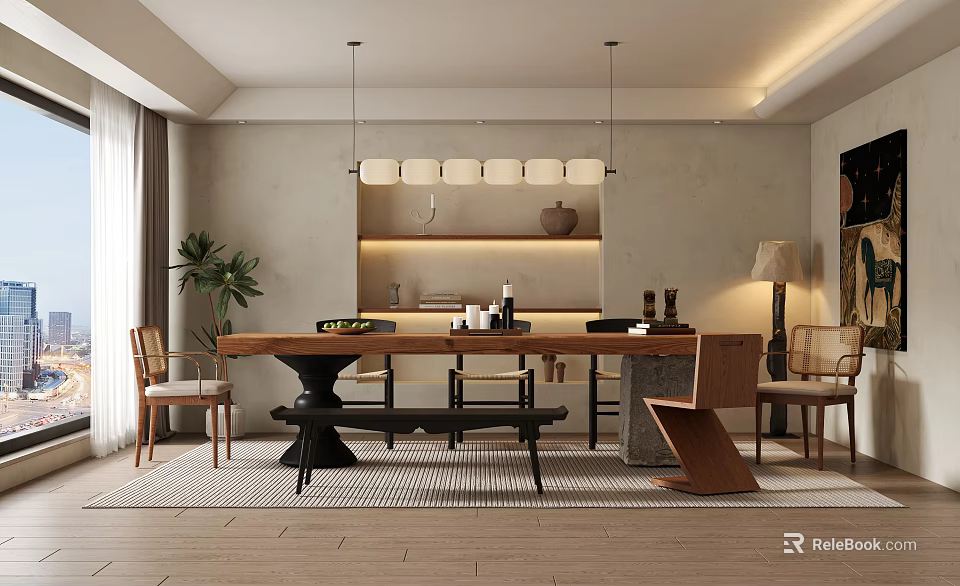 Modern Restaurant Interior Design With Wooden Dining Table Hanging Pendant Lights And Decorative Plants 3d model 