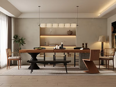 Modern Restaurant Interior Design With Wooden Dining Table Hanging Pendant Lights And Decorative Plants 3d model