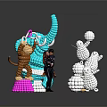 Balloon Sculptures On Display Platform With Blue Elephant Brown Monkey White Penguins And Standing Figure