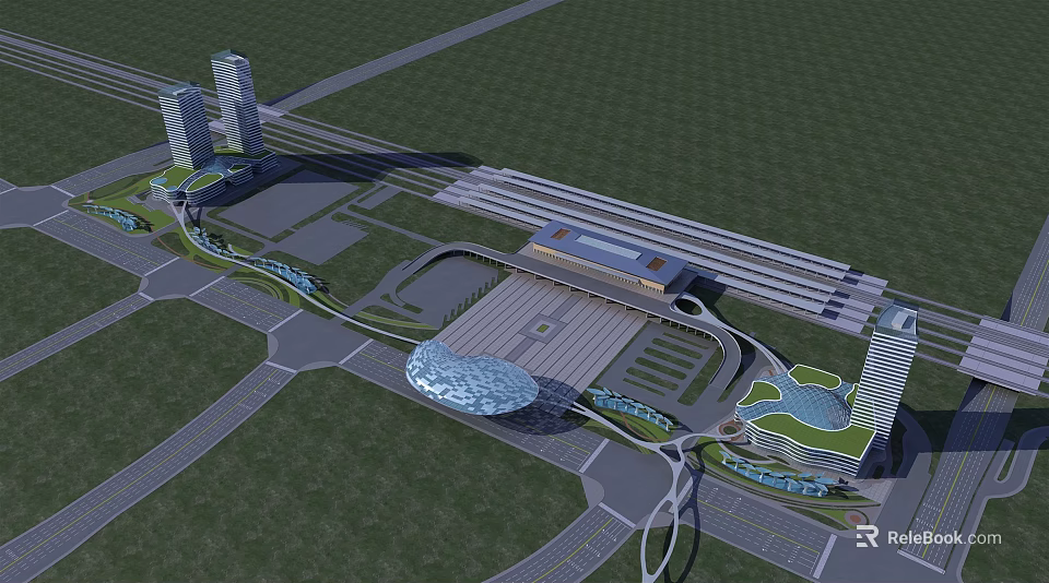 Modern Urban Transportation Hub Architecture With Plaza High Rise Buildings And Green Spaces 3d model 