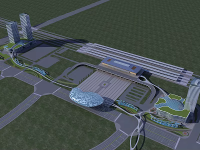 Modern Urban Transportation Hub Architecture With Plaza High Rise Buildings And Green Spaces 3d model