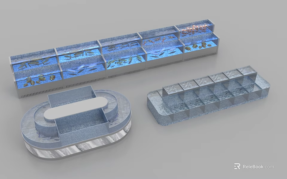 Multiple Aquarium Tanks In Long Rectangular And Circular Shapes With Clear Water Fish And Decorations 3d model