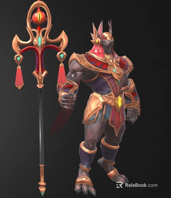 Man In Mythical Warrior Attire With Ornate Golden Red Armor And Gemstone Decorated Weapon 3d model 