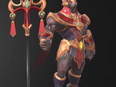 Man In Mythical Warrior Attire With Ornate Golden Red Armor And Gemstone Decorated Weapon 3d model