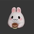 White Rabbit Plush Toy With Pink Ears Smiling Face Holding Cup And Saucer