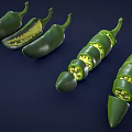 Fresh Green Chili Peppers Whole And Sliced Showing Inner Seeds