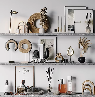 Stylish Decorative Ornament Collection For Shelf With Woven Accents Photo Frames Pampas Grass And Candles 3d model