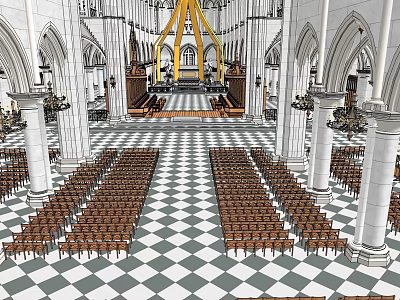 Grand Church Interior Featuring Arched Architecture Wooden Benches And Checkerboard Floor 3d model