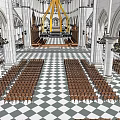 Grand Church Interior Featuring Arched Architecture Wooden Benches And Checkerboard Floor