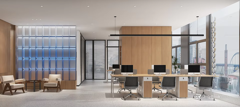 Modern Office Open Space With Wooden Partition Glass Doors And Blue Lit Feature Wall 3d model 