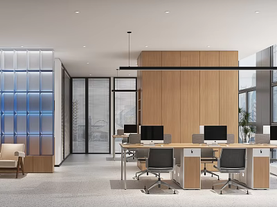 Modern Office Open Space With Wooden Partition Glass Doors And Blue Lit Feature Wall 3d model