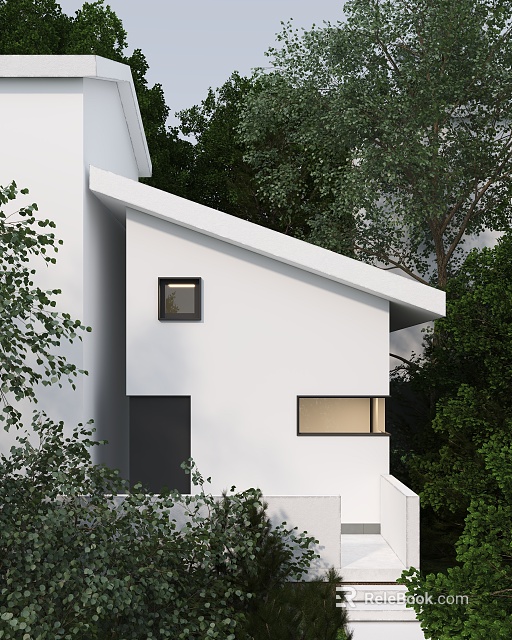 White Detached Villa With Modern Design Sloped Roof Rectangular Windows Surrounded By Green Trees 3d model 