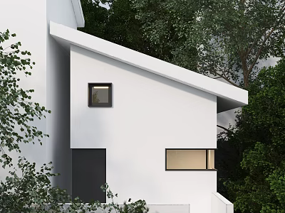 White Detached Villa With Modern Design Sloped Roof Rectangular Windows Surrounded By Green Trees 3d model