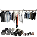 Stylish Clothes Hanging on Racks Including Various Styles Folded Clothes Bags and Shoes