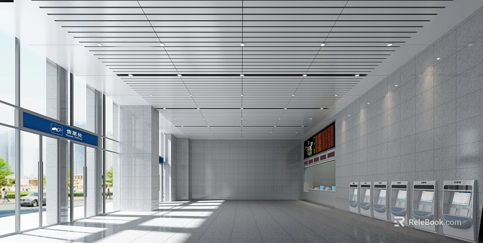 Modern Station Hall With Open Ceiling Lighting Electronic Display And Ticket Vending Machines 3d model 