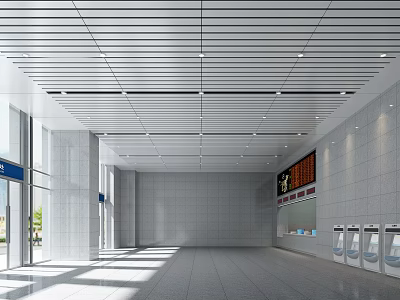 Modern Station Hall With Open Ceiling Lighting Electronic Display And Ticket Vending Machines 3d model