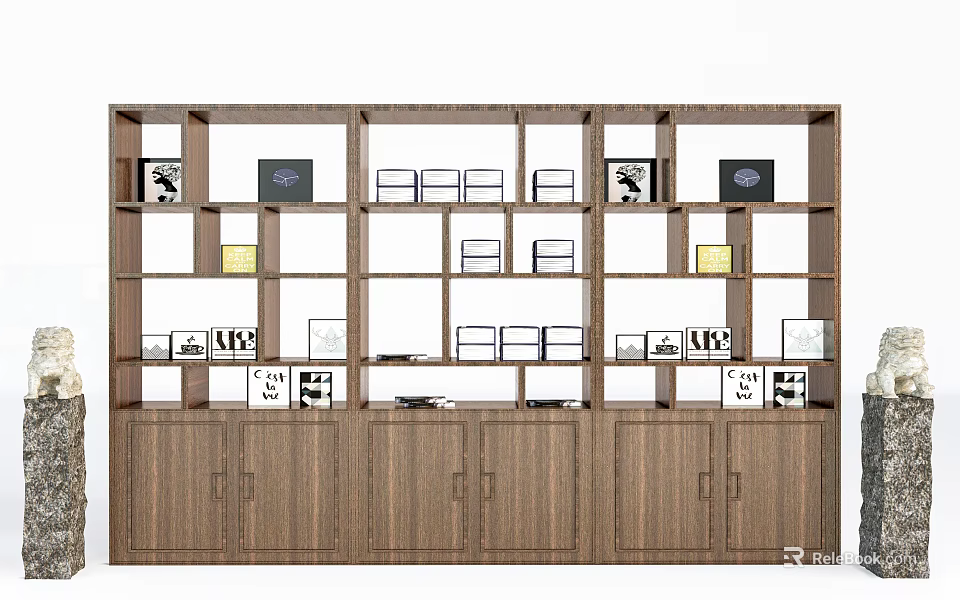 Modern Wooden Bookcase With Open Shelves And Decorative Photo Frames 3d model 
