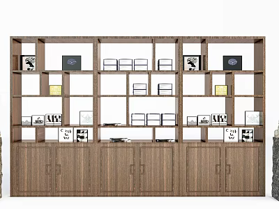 Modern Wooden Bookcase With Open Shelves And Decorative Photo Frames 3d model